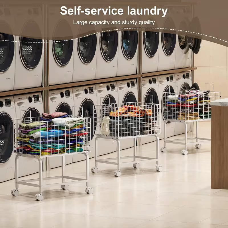 Metal Wire Rolling Laundry Hamper Cart with Pull Handle