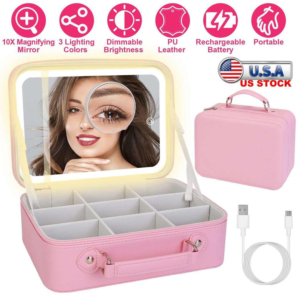 Travel Makeup Bag with LED Mirror & 10X Magnifier
