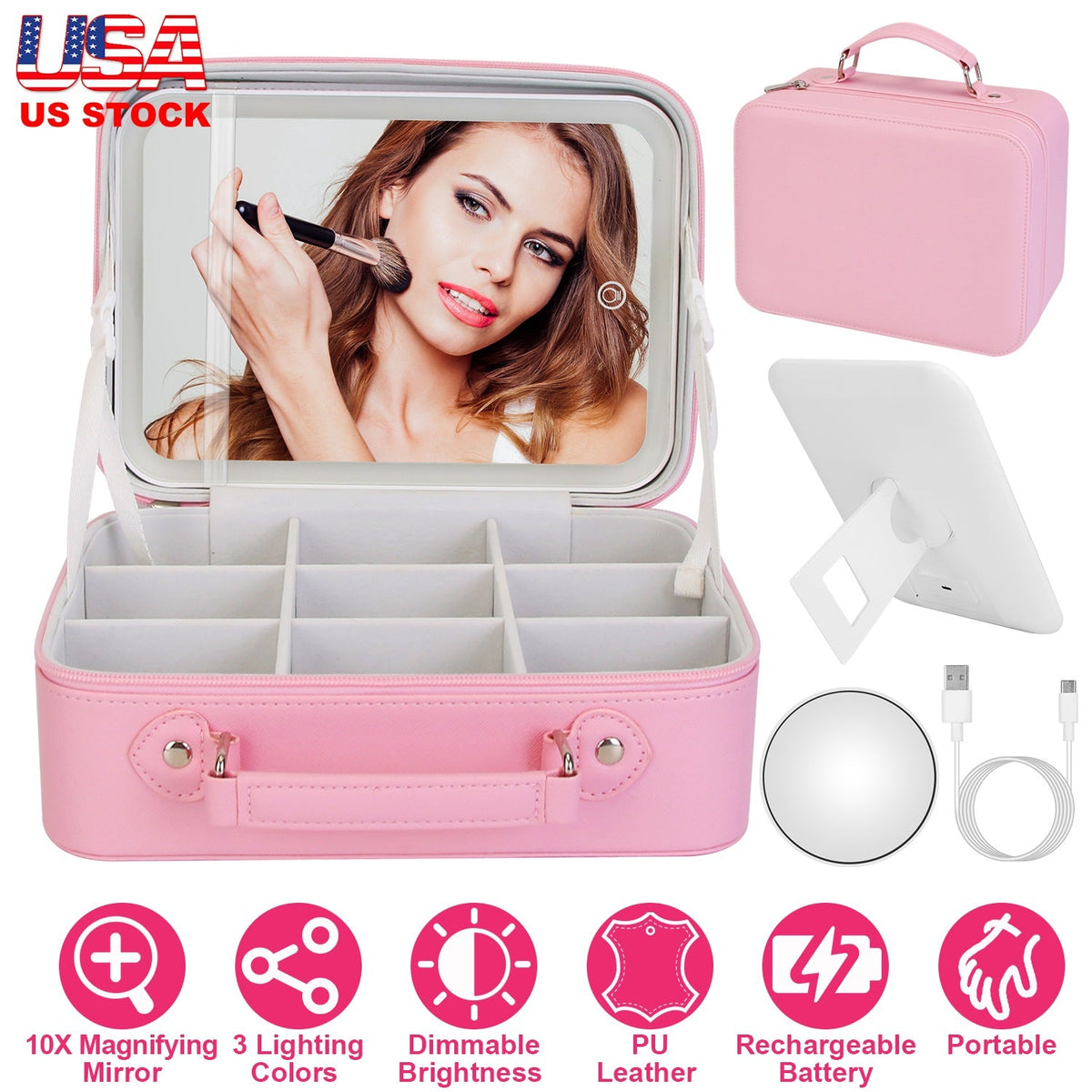 Travel Makeup Bag with LED Mirror & 10X Magnifier