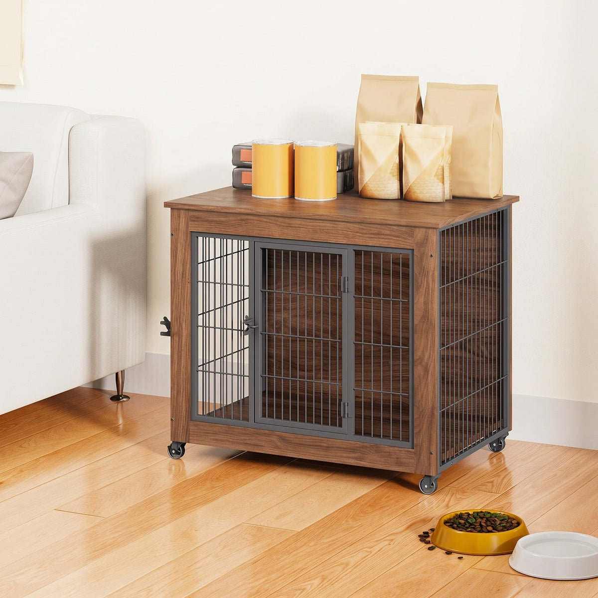 Dog Crate Furniture with Lockable Wheels & Dual Doors