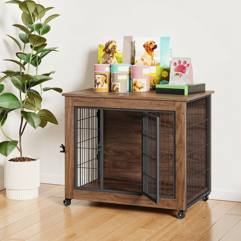 Dog Crate Furniture with Lockable Wheels & Dual Doors