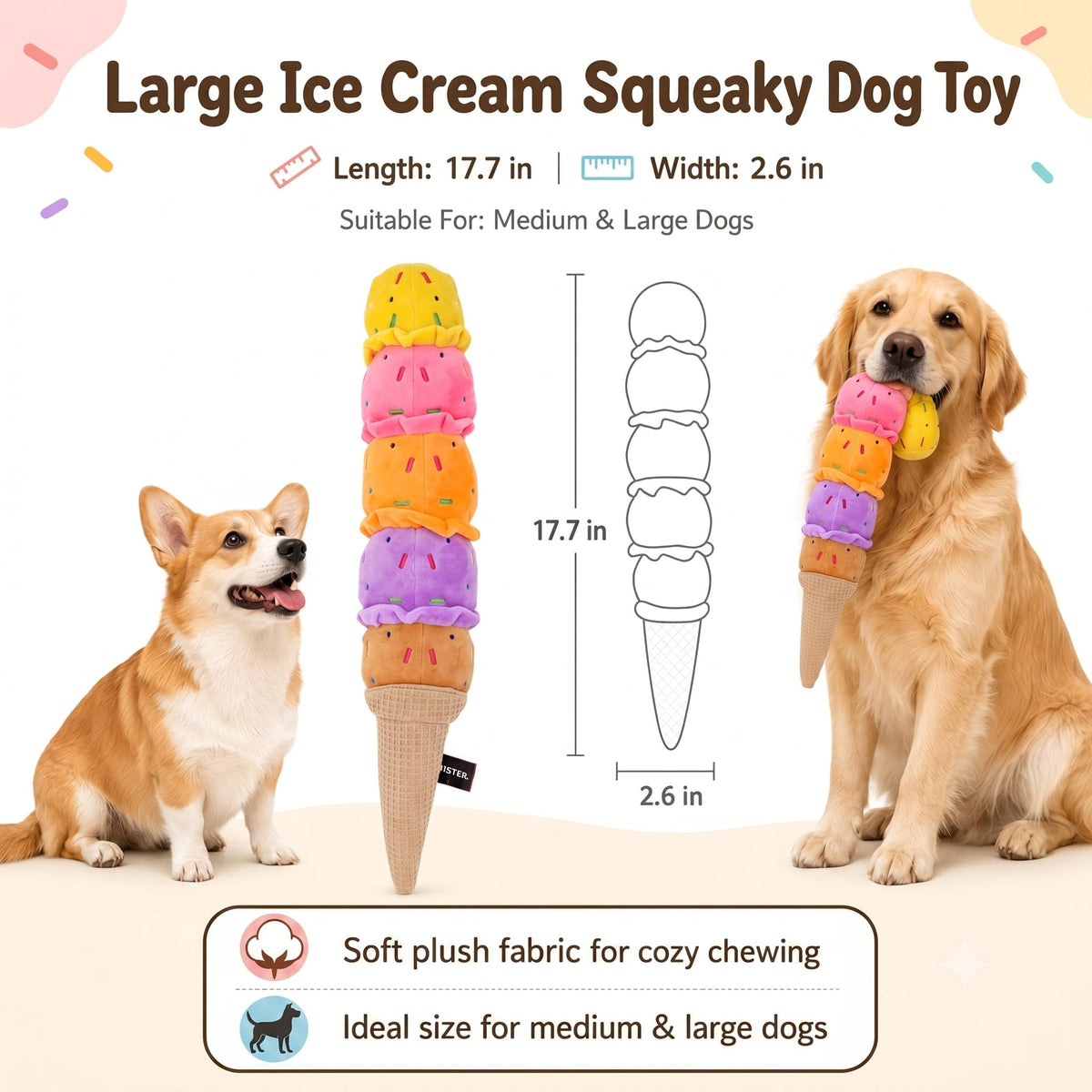Rainbow Ice Cream Plush Squeaky Dog Toy – 17.7 Inches