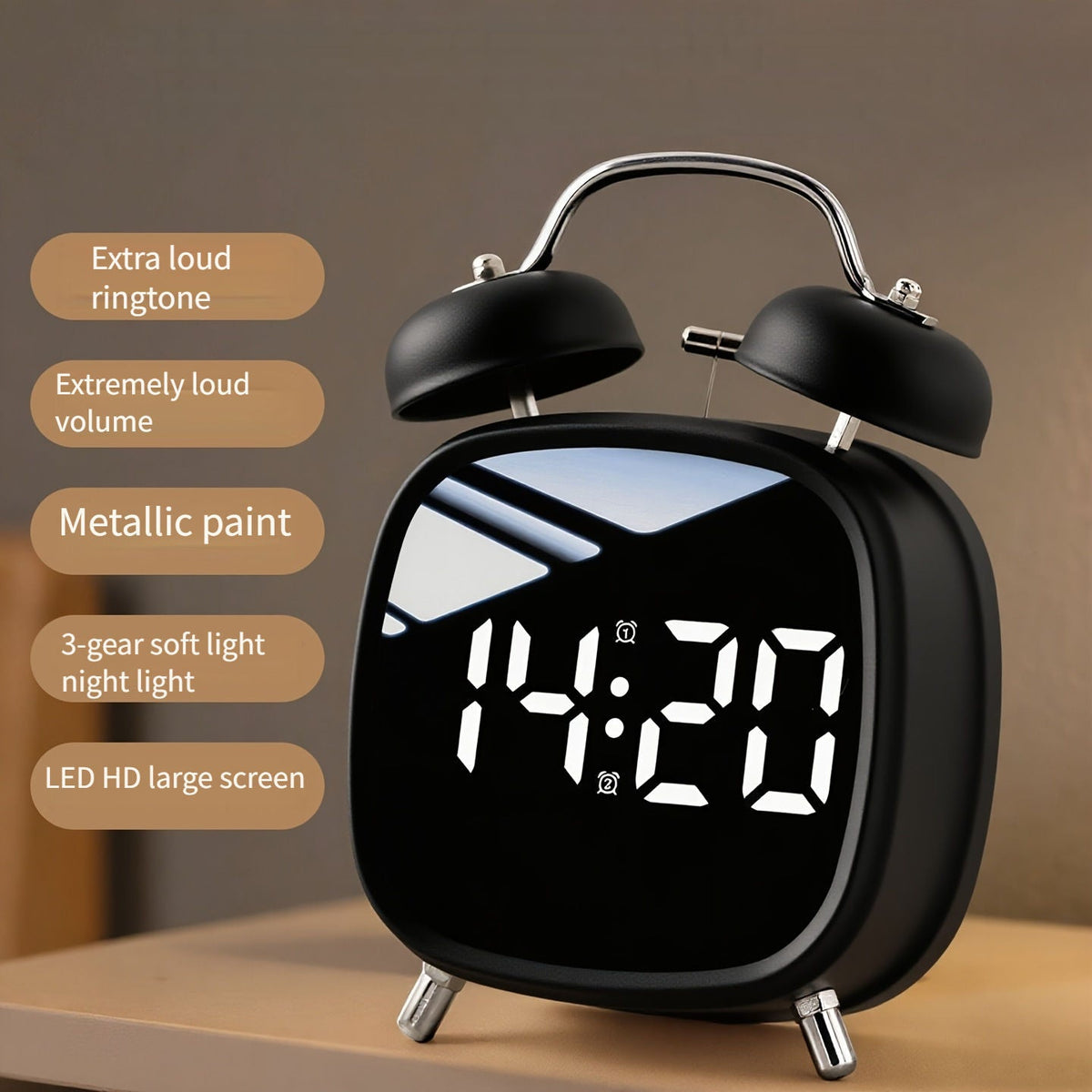 Dual Bell Digital Alarm Clock with Adjustable Brightness