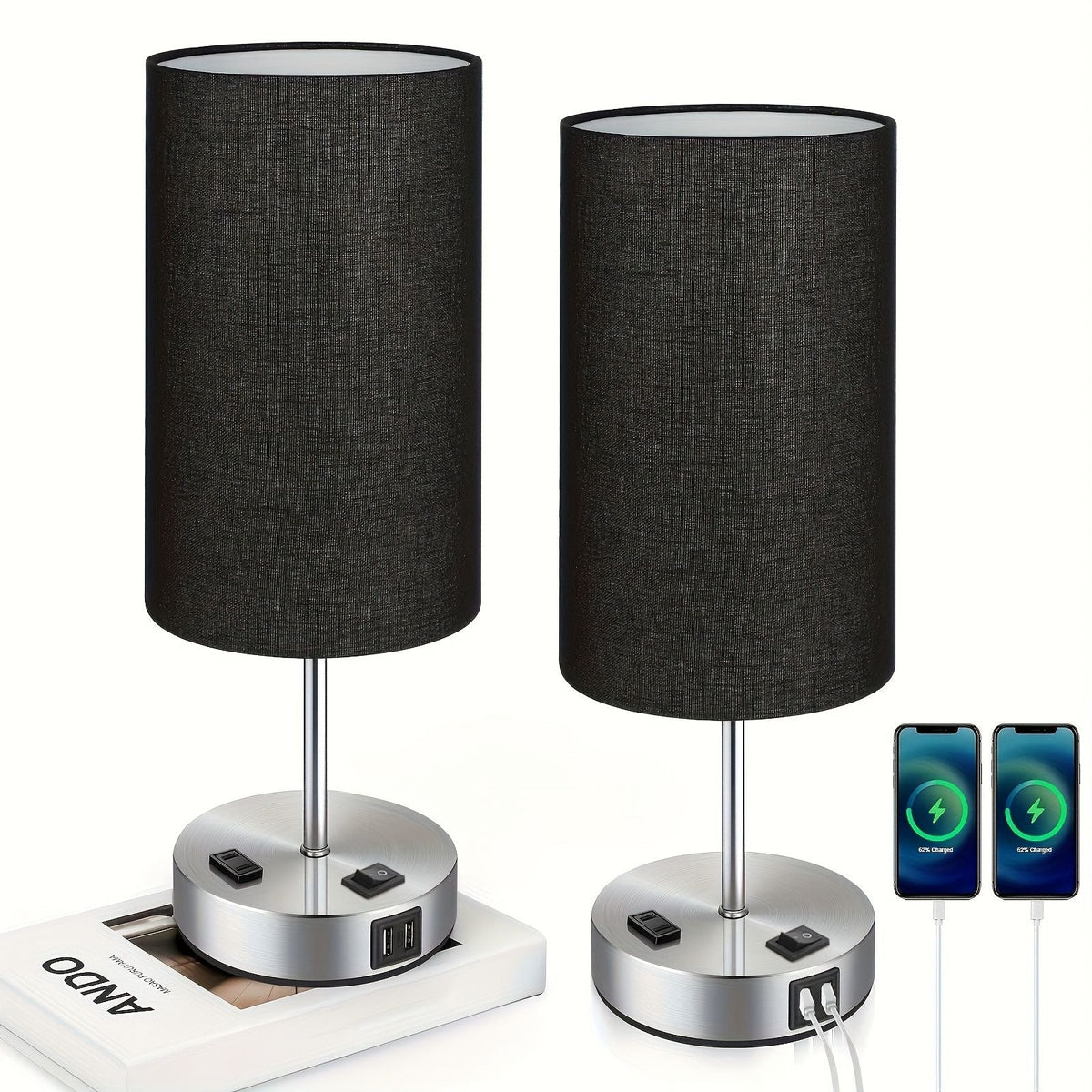 Dimmable Table Lamp with USB Charging Ports and AC Outlet