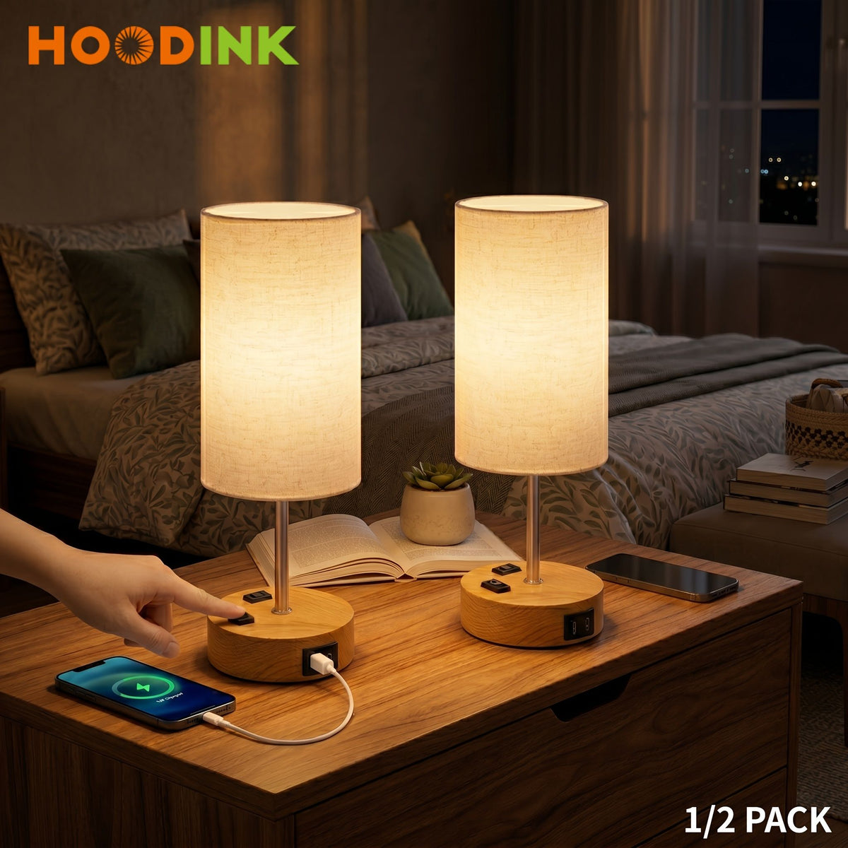 Dimmable Table Lamp with USB Charging Ports and AC Outlet