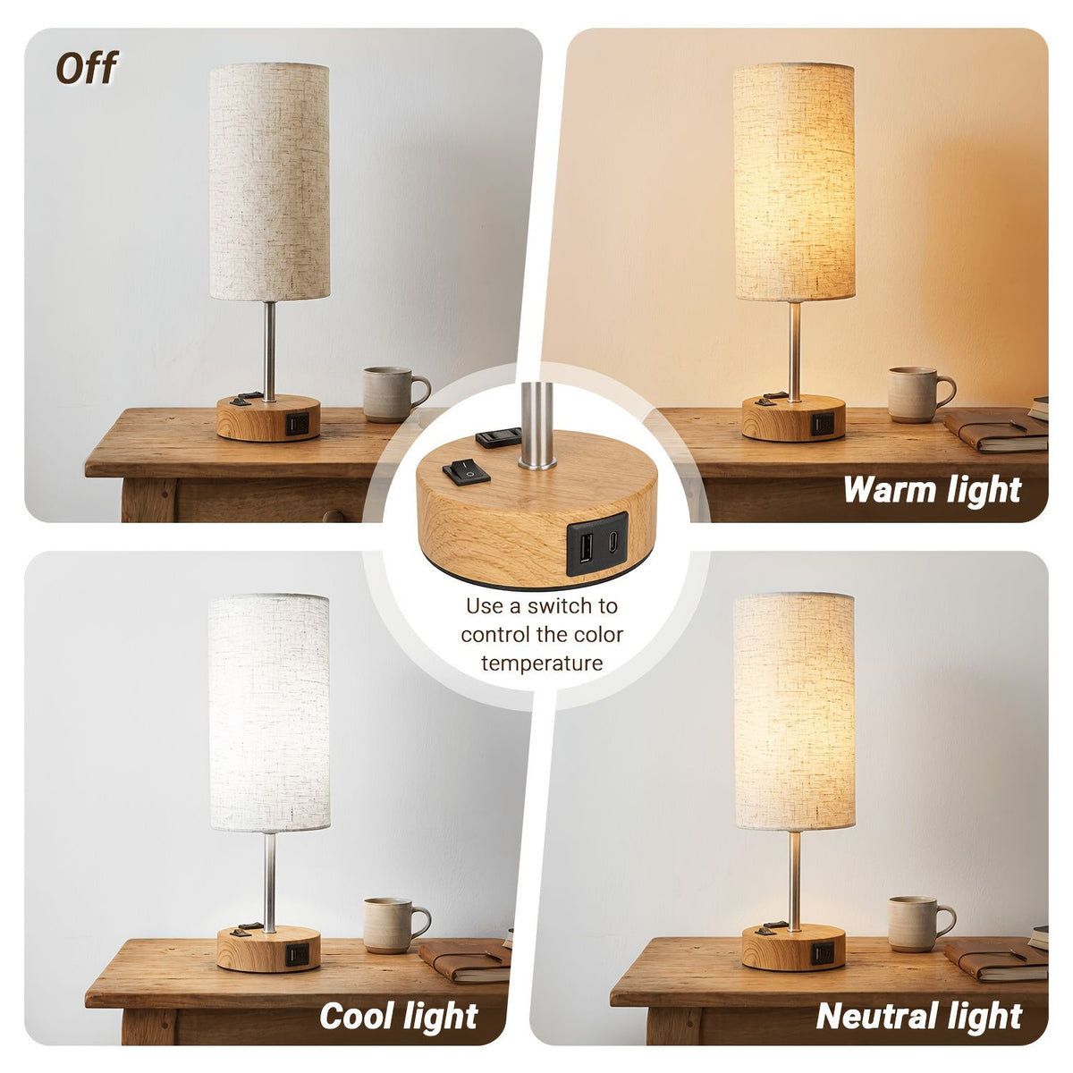 Dimmable Table Lamp with USB Charging Ports and AC Outlet