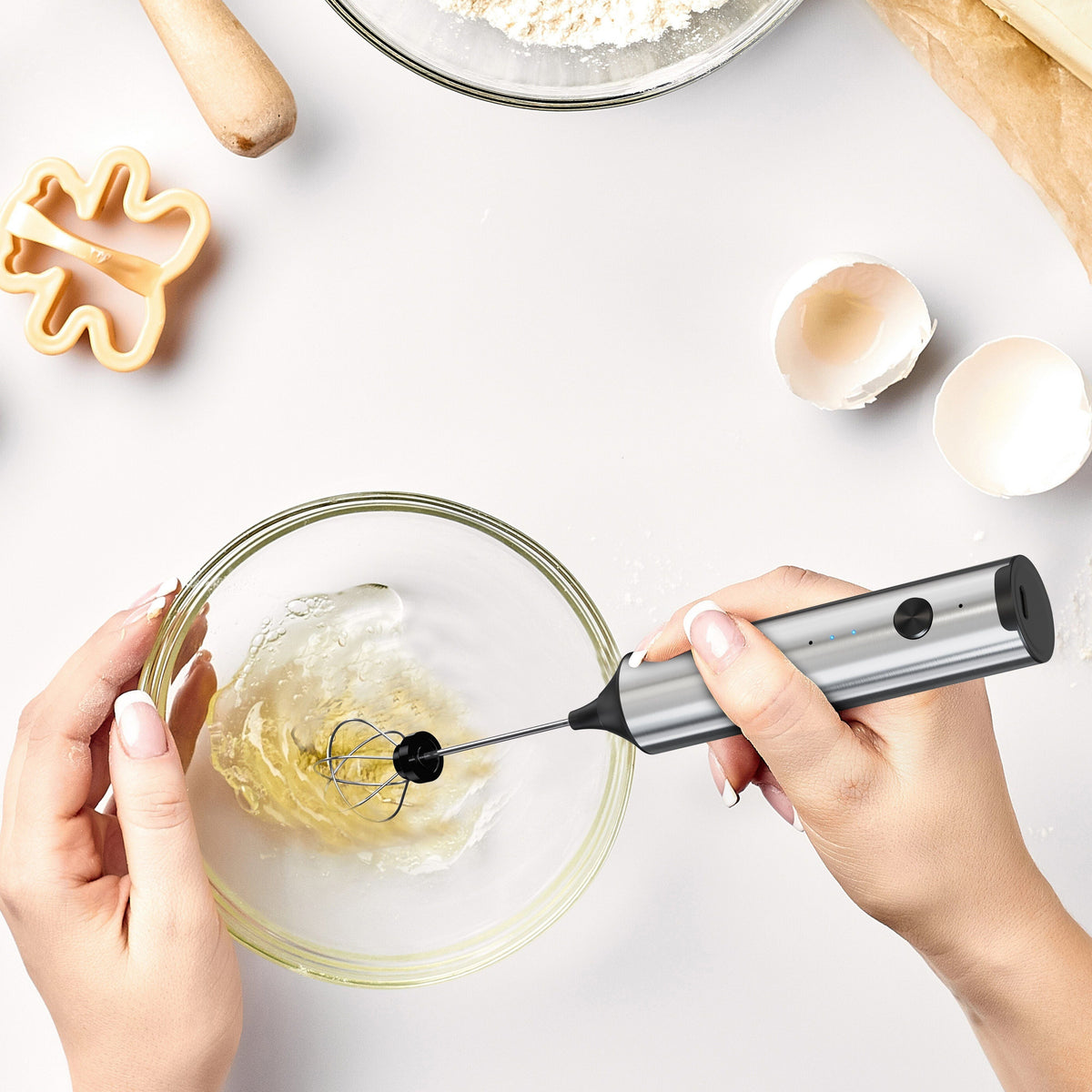 Rechargeable Electric Milk Frother with 2 Heads