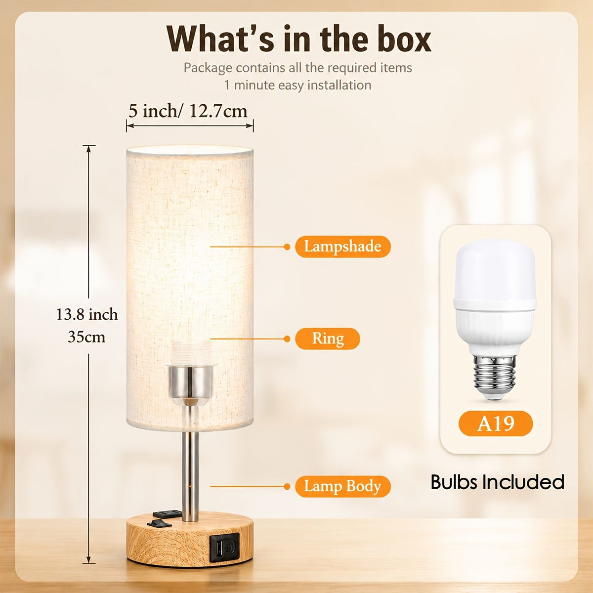 Dimmable Table Lamp with USB Charging Ports and AC Outlet