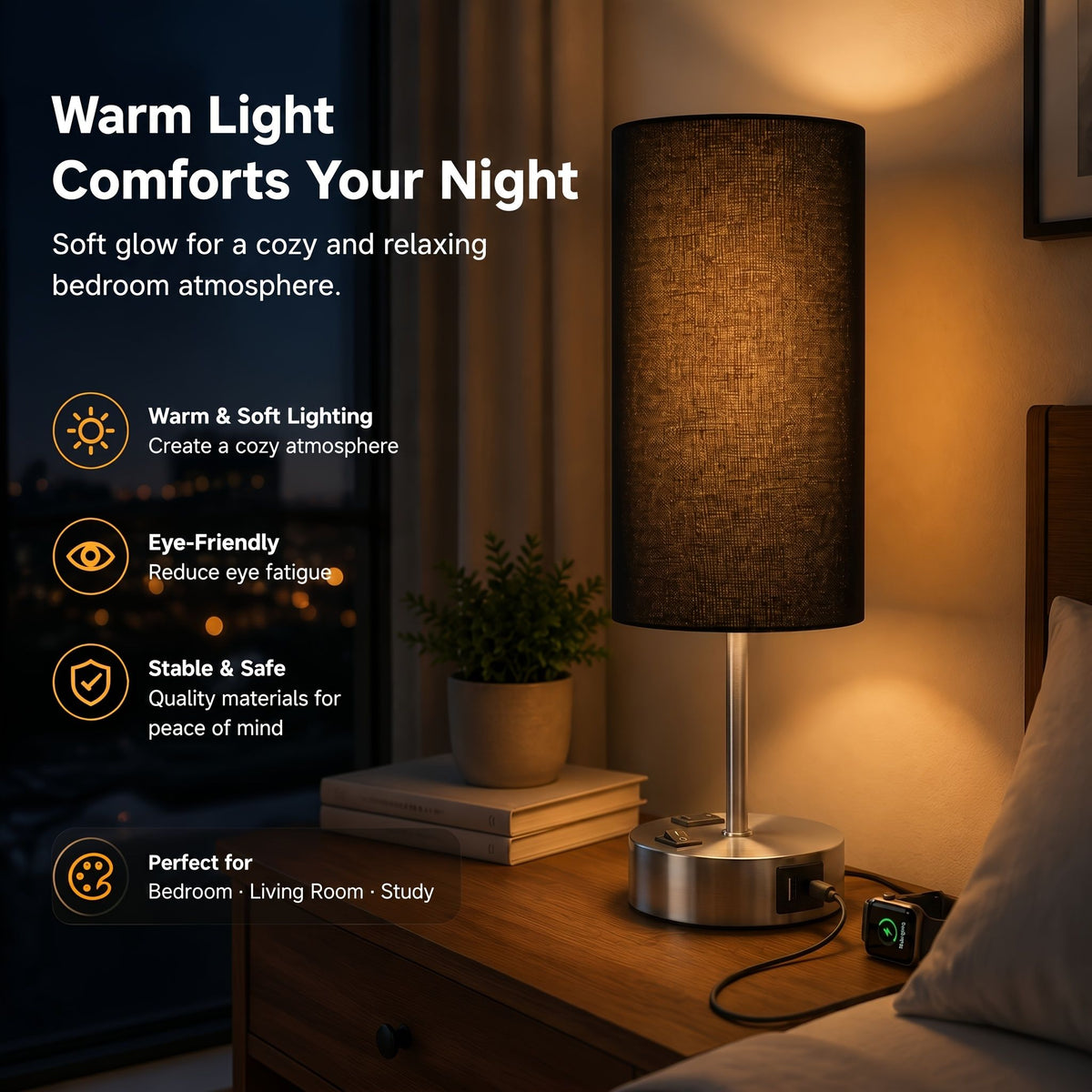 Dimmable Table Lamp with USB Charging Ports and AC Outlet