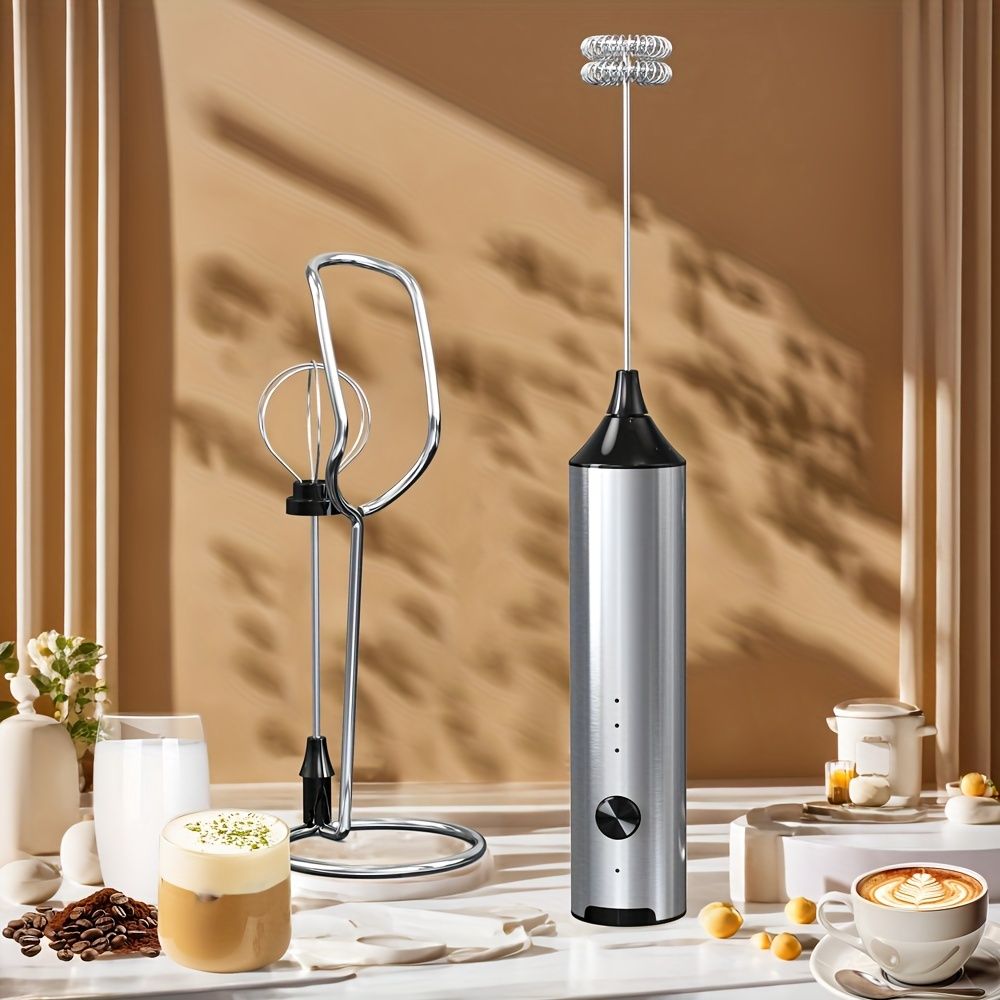 Rechargeable Electric Milk Frother with 2 Heads