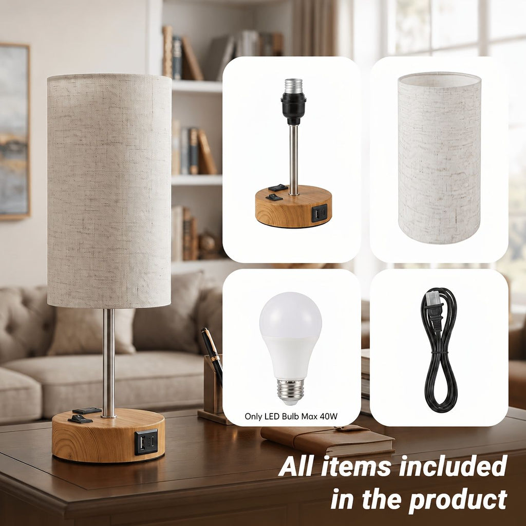Dimmable Table Lamp with USB Charging Ports and AC Outlet