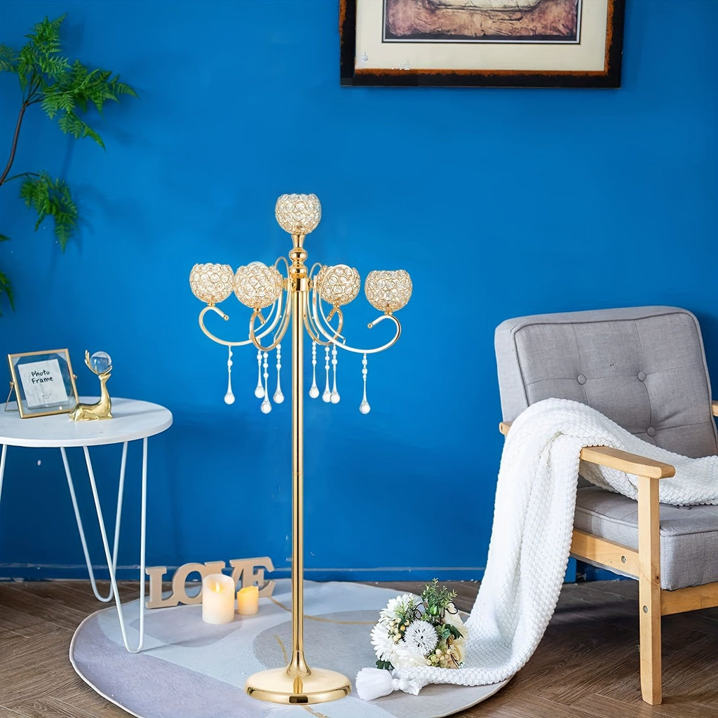 45.3-Inch Gold 5-Branch Floor Candelabra with Crystal Beads