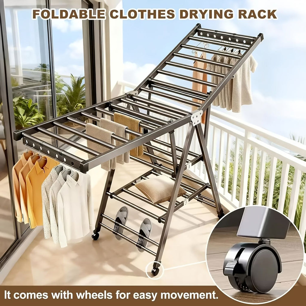 Foldable 3-Tier Clothes Drying Rack with Wheels and Shoe Rack