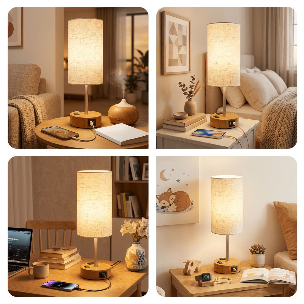 Dimmable Table Lamp with USB Charging Ports and AC Outlet