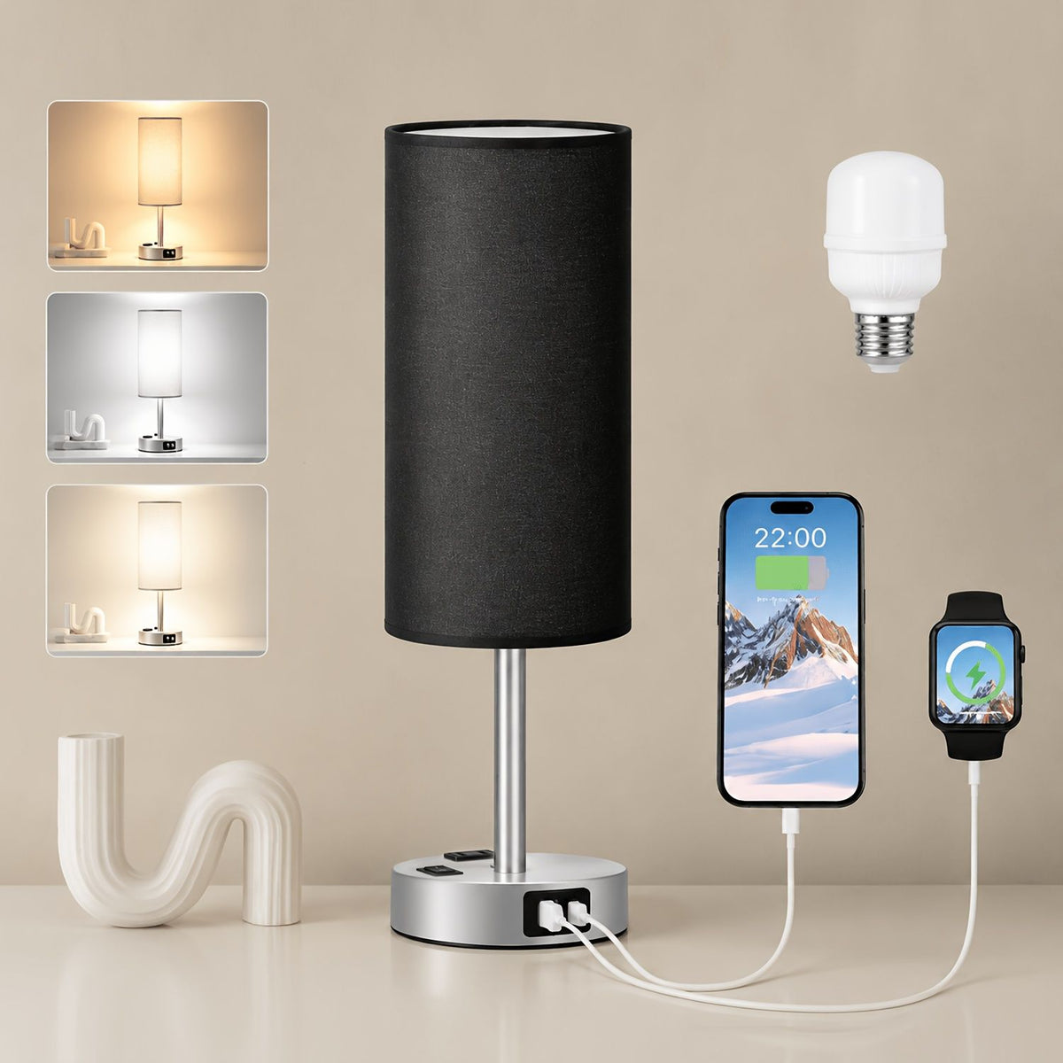 Dimmable Table Lamp with USB Charging Ports and AC Outlet