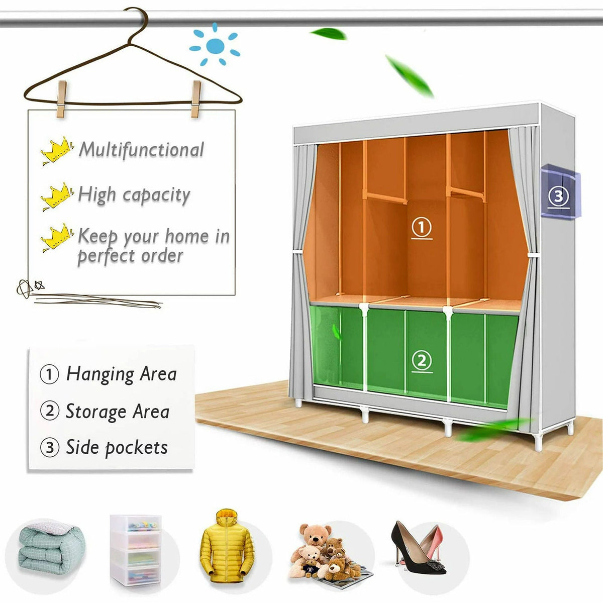 Portable Closet Storage Organizer Wardrobe Rack Shelf