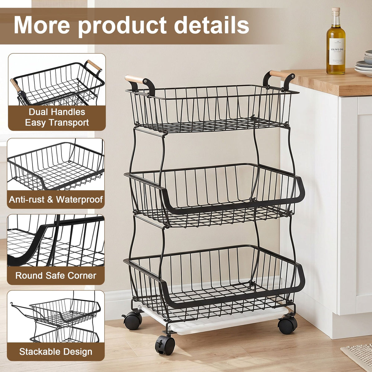 3-Tier Metal Wire Rolling Storage Cart