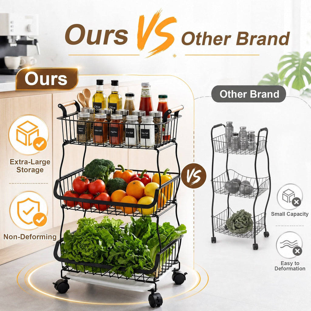 3-Tier Metal Wire Rolling Storage Cart