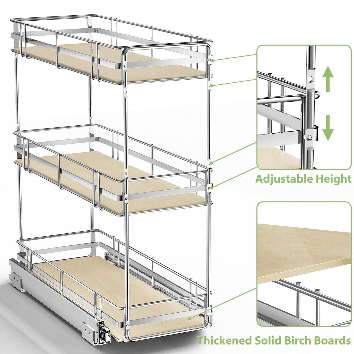LOVMOR 3-Tier Iron Pull-Out Cabinet Organizer Chrome