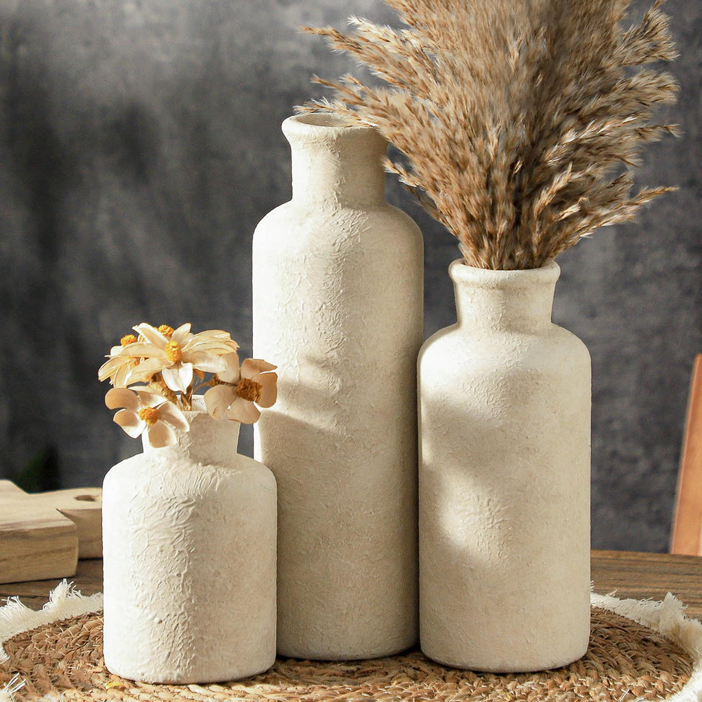 Whitewashed Neutral Ceramic Decorative Flower Vases Set