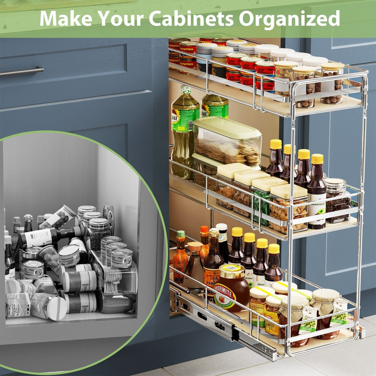LOVMOR 3-Tier Iron Pull-Out Cabinet Organizer Chrome