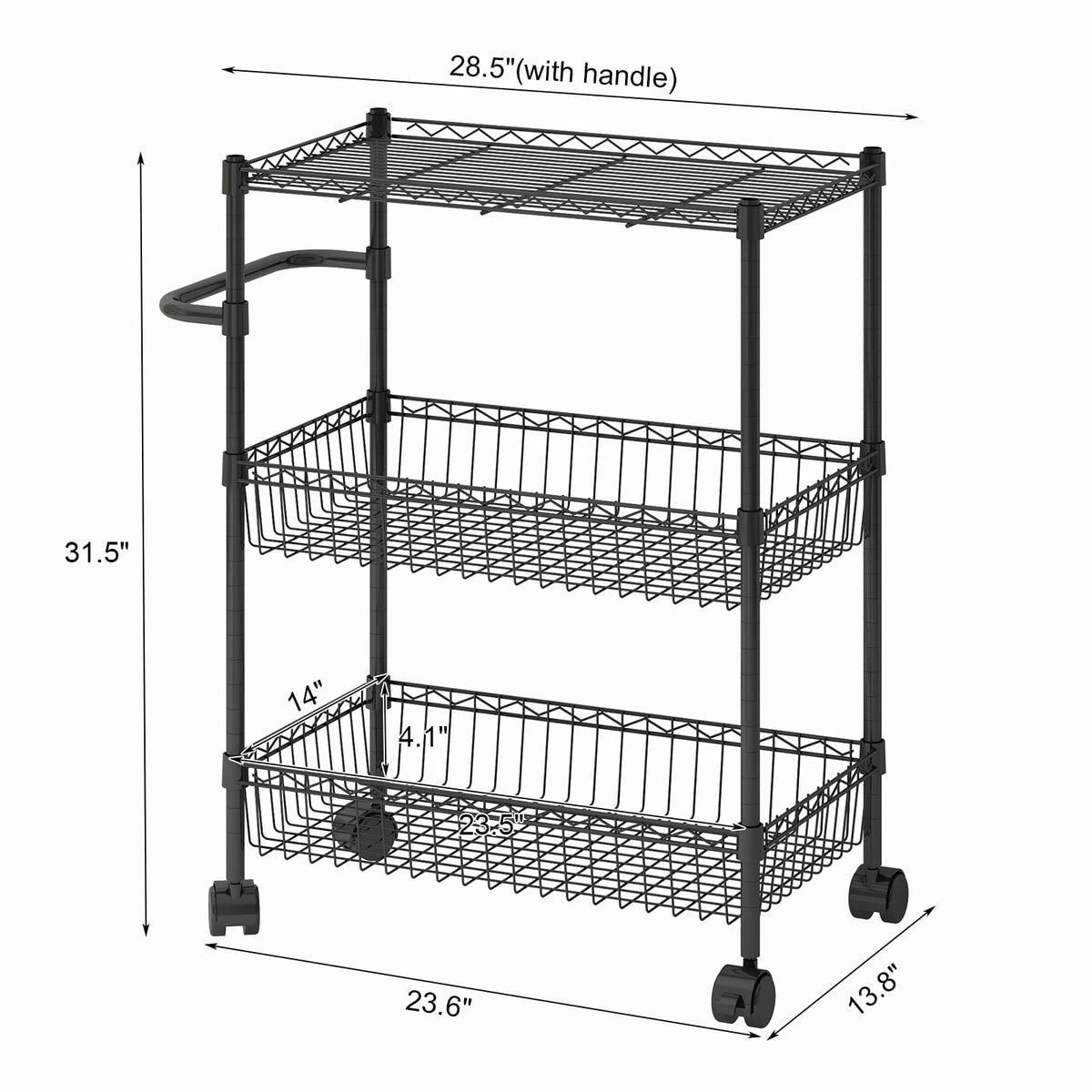 DEXSO Black 3-Tier Metal Rolling Utility Cart J8-F6NA8DCTBTJ