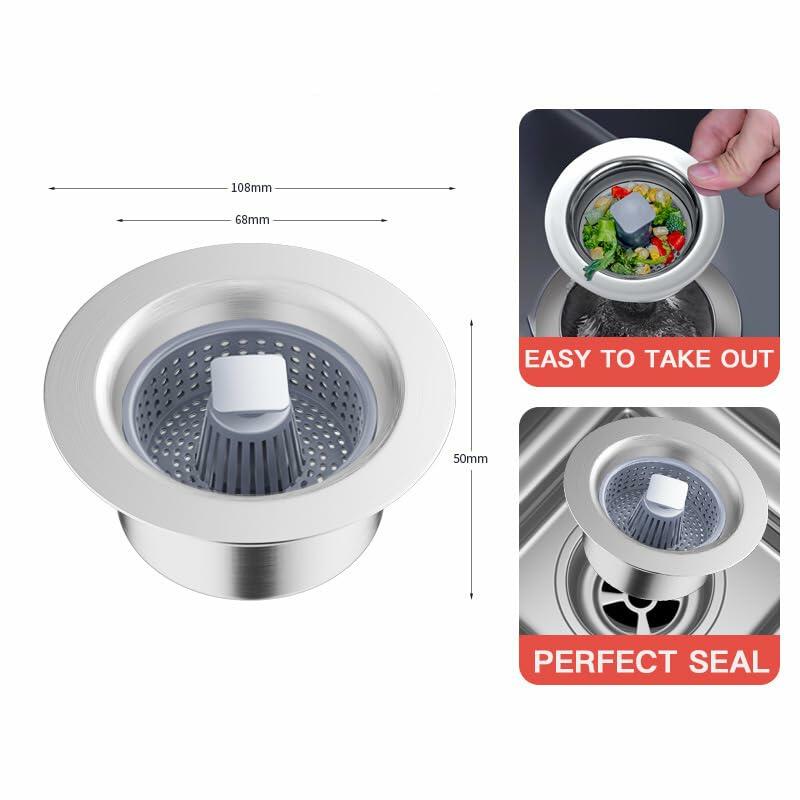 304 Stainless Steel Sink Strainer Basket with Stopper Lid 3.5 Inch Drain Silver