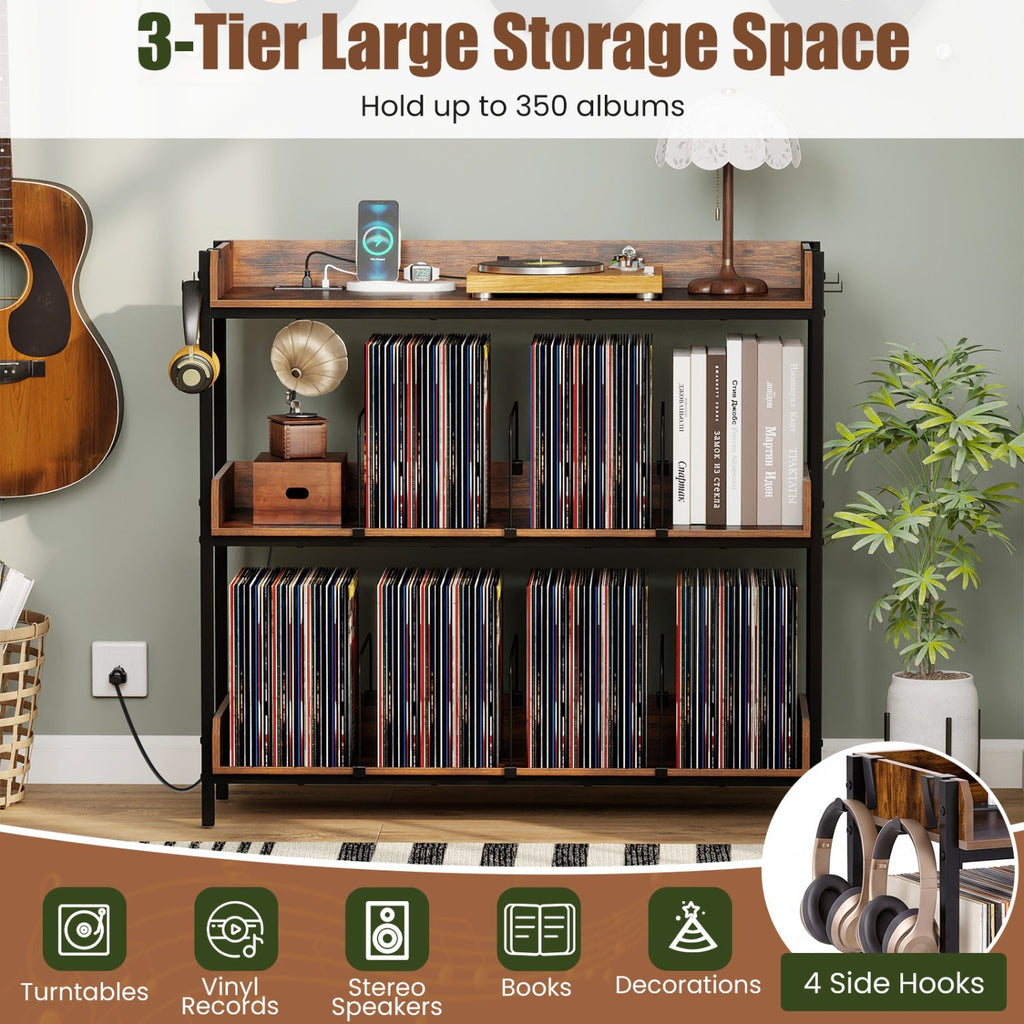 3-Tier Record Player Stand with Power Outlets & Metal Dividers